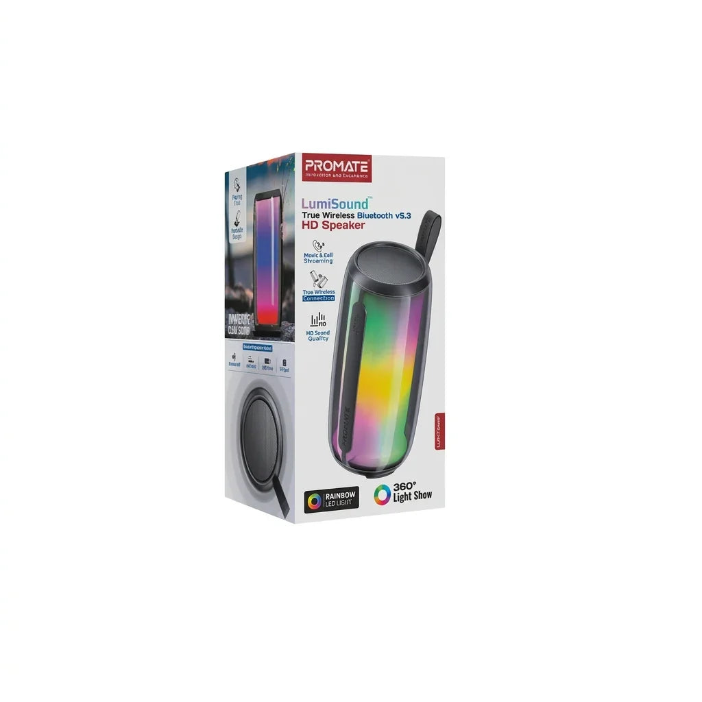 Promate LumiTower LumiSound Portable HD Speaker | True Wireless Bluetooth v5.3 Black