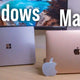 Windows laptop and MacBook side by side on desk, comparing Windows and Mac computers