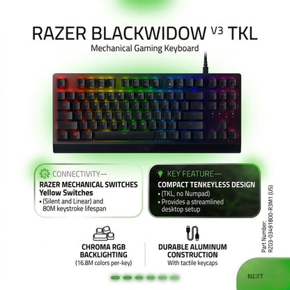 Razer BlackWidow V3 Tenkeyless Mechanical Gaming Keyboard Yellow Switch US. RZ03-034918 00-R3M1