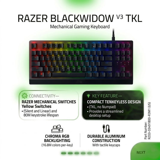 Razer BlackWidow V3 Tenkeyless Mechanical Gaming Keyboard Yellow Switch US. RZ03-034918 00-R3M1